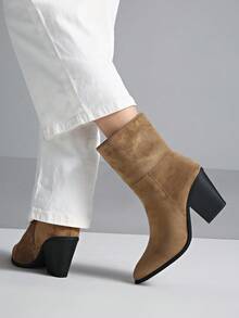 Women's Pointed Toe Chunky High Heel Ankle Boots, New Arrival For Autumn - Khaki - View 6