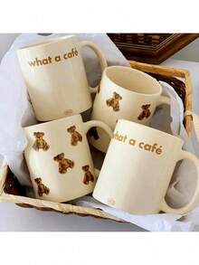 1只熊紋陶瓷杯，冰咖啡杯，適用於奶茶，飲料，牛奶，蘇打水，茶，水，家庭用品 - 白色 - 查看 3