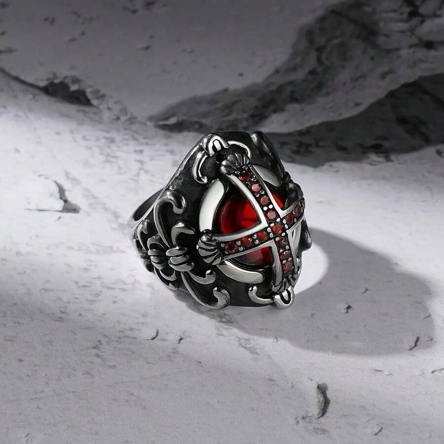 A Fashionable Versatile High-End Gothic Cross Stainless Steel Ring Dominant Ring Crown Ring Suitable For Men And Women Universal Daily Wear Accessories - Đỏ - Xem 1
