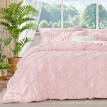 Baby Pink Queen Comforter Set - 3 Pieces Boho Pintuck Lightweight Soft & Warm Bed Comforter With 2 Pillowcases For All Season - 淺粉色 - 查看 8