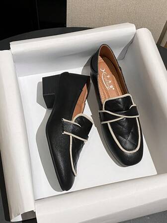 Mengshangli Random Floral Print Chunky Heel Shoes, Chinese Style PU Leather Twist Versatile Outdoor Shoes For Women, All Season,Loafers