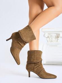 2025 Neue Herbst/Winter Französische Spitze Layered Stiefel, Retro Western Stil Wildleder Ankle Stiefel für Frauen - Braun - Übersicht 2