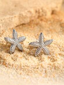 2pcs Minimalist Stainless Steel Starfish Design Earrings For Women, Suitable For Daily, Vacation, Date, Couple Gift