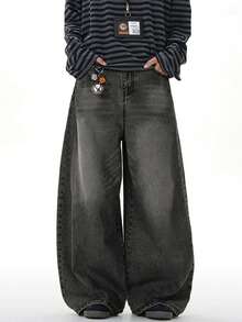 1pc Vintage Washed Loose Fit Distressed Wide Leg Boyfriend Jeans, Casual & Versatile Unisex Style