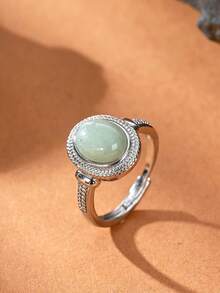1pc Natural Crystal & Stone Smooth Egg-Shaped Open Ring, Suitable For Women