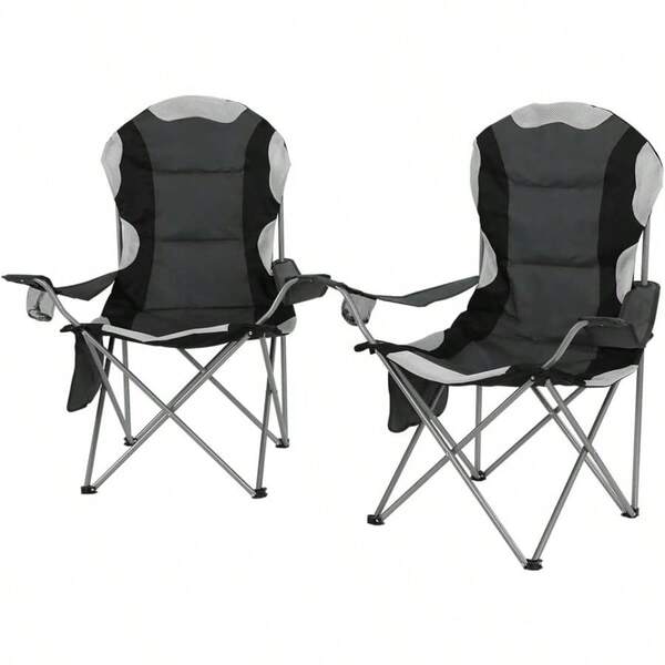 Set Of 2 Camping Chairs Outdoor Armchair Lounge Beach Chair Portable Folding Lightweight Camp Lounger Travel Hiking Fishing Picnic Gear With Carry Bag Drink Holder Foldable Grey