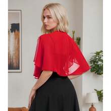 Women's Soft Chiffon Capelets Shawls And Wraps For Evening Wedding Cape Bole Cover Up{"Color_name":"Red"} - Merah - View 7