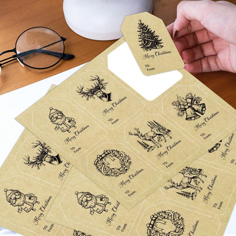 Vintage Merry Christmas Gift Tags Set Of 15 - Rustic Kraft Paper Labels With Hand-Drawn Reindeer, Santa Claus, Ornamented Pine Trees, Holly Wreaths & Jingle Bells Designs, Writable To/From Fields For Holiday Wrapping, DIY Crafts & Festive Presents
