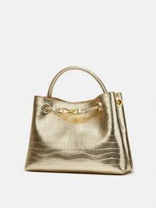 Bolso de hombro con textura de piedra, correa con hebilla de metal, diseño único, bolso bandolera de gran capacidad - Dorado - Ver 2