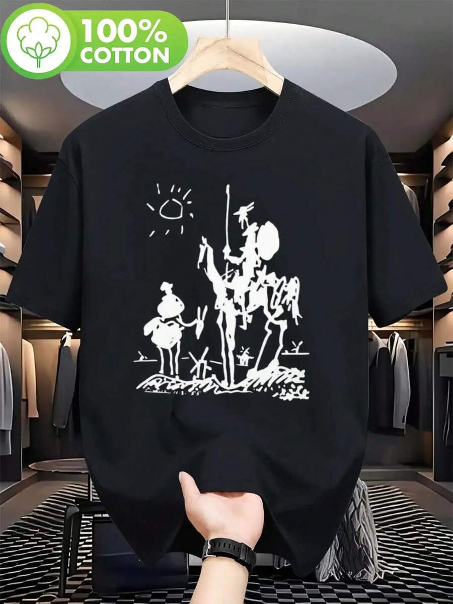 Camiseta gráfica de Picasso Don Quixote para hombres - 100% algodón, transpirable, ajuste regular, camiseta casual de streetwear con impresión artística, lavable a máquina para exteriores, gimnasio y atuendo casual - regalo de cumpleaños y festividades para él, ropa de exterior, camiseta con impresión artística, ajuste cómodo H - Negro - Ver 1