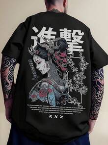 Anime Print Round Neck T-Shirt 100% Cotton Geisha - Black - View 1