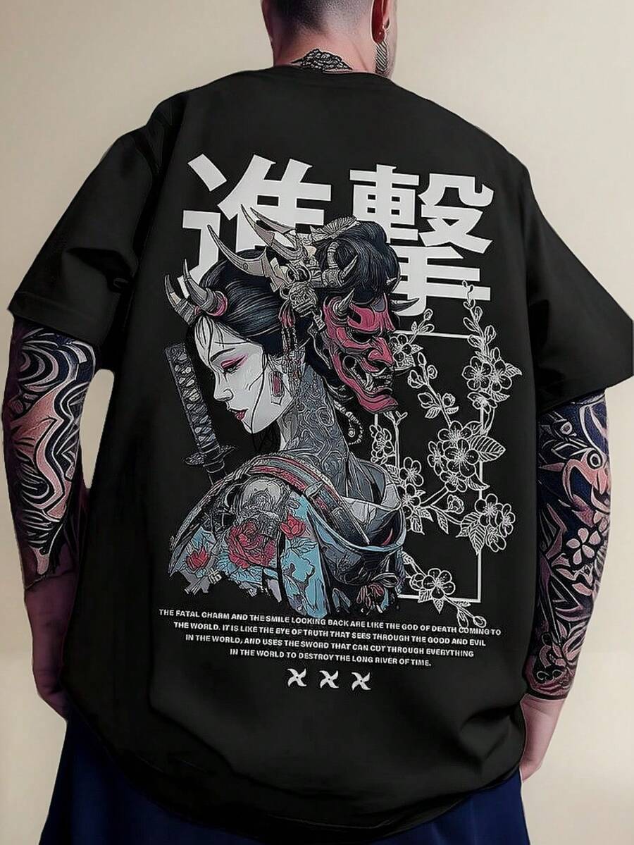 Anime Print Round Neck T-Shirt 100% Cotton Geisha - Black - View 1