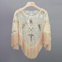 1920s Shawl Wraps Sequin Beaded Evening Cape For Gatsby Party Bridal Shawl Women Evening Cape Flapper Cover Up{"Color_name":"BeigeGold"} - 米金色 - 查看 3