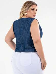 Women's Plus Size And Slim Cropped Jeans Vest - 藍色 - 查看 6