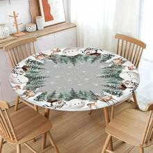 Water-Resistant Round Tablecloth With Elastic Edge For 40-44" Tables - Gift-grey Tree Snowman - View 4