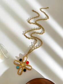 Monlansher New Fashionable Women's Pendant Necklace, Handmade Cross Flower Design With Pearl And Stone, Personalized Luxury Stainless Steel Pendant Necklace For Ladies, Autumn/Winter