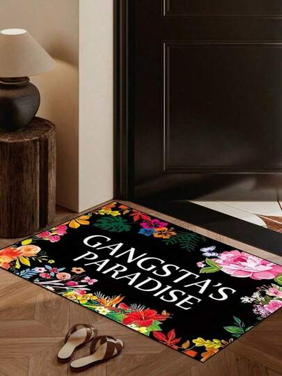 1pc Beautiful Gangsta's Paradise Letter Flower Printed Fun Floor Mat, Easy To Clean, Washable And Machine Washable, Suitable For Indoor And Outdoor, Room, Entrance And Exit, Bedroom Decorative Floor Mats, Gift Giving, Party Floor Mats, Flower Flower Printed Floor Mats, Fun Floor Mats, Perfect For Decorating Your Home Christmas Decor Kitchen Rug