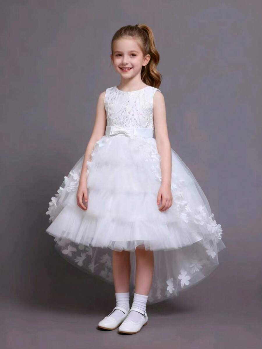 Girls' Trailing Floral Dress, Birthday Party Cake Dress, High-End Formal Dress Suitable For Special Occasions