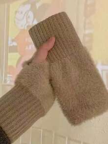 1 Paar Mink-Fleece weiche Winter Halbfinger Handschuhe für Damen, warm, luxuriös, einfarbig weiß, flauschig gestrickt, fingerlos, Handgelenkstulpen - Verschiedenfarbig - Übersicht 5