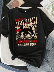 [Mothman Graphic Tee] Women's Vintage Mothman Live Laugh Lurk Graphic T-Shirt  Casual Summer Short Sleeve Tee With Concert Poster Design, Black - 黑色 - 查看 1