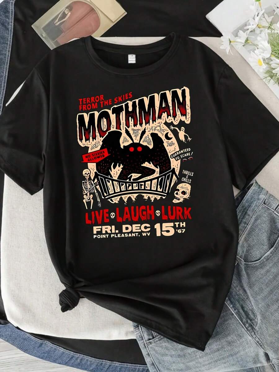 [Mothman Graphic Tee] Women's Vintage Mothman Live Laugh Lurk Graphic T-Shirt  Casual Summer Short Sleeve Tee With Concert Poster Design, Black - 黑色 - 查看 1