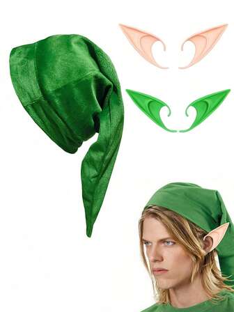 A Set Elf Costume Accessories With Gnome Hats And Ears - Funky Latex Elves Props For Storybook, Fairy Tale Cosplays, Halloween & Christmas Festive Dress Up