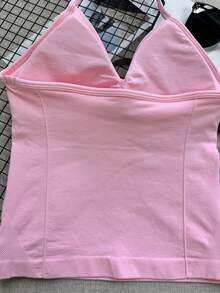 女士瑜伽运动文胸无袖露脐运动上衣，弹力健身运动背心，透气 - 粉色 - 查看 6