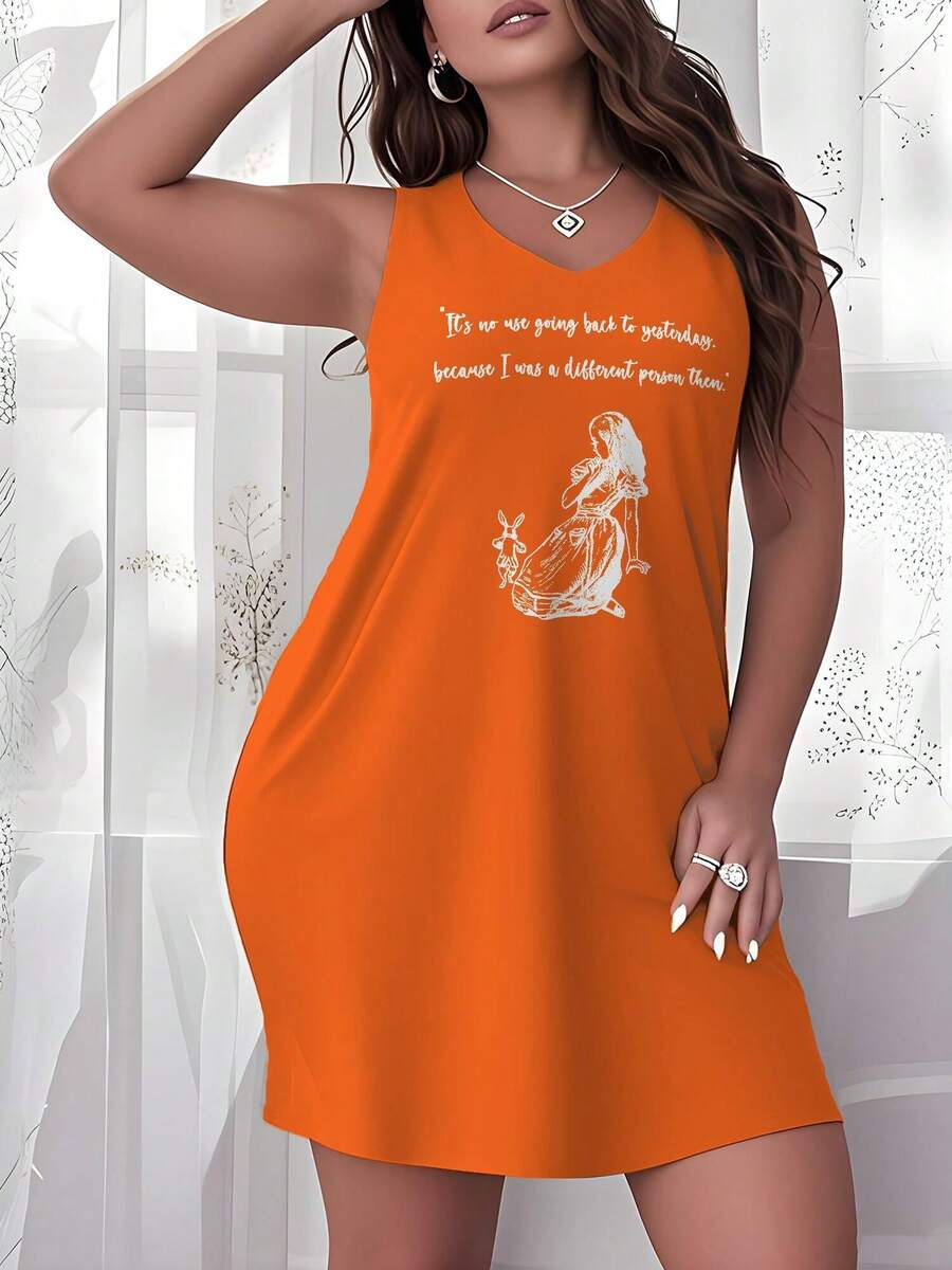 Plus Size Womens Elegant Casual Dress - Alice In Wonderland It's No Use Going Back To Yesterday.. Print Fashion Black/Orange/Pink/Grey Sleeveless Crew Neck Dress - Perfect For Summer Vacation & Great Gift For Ladies Overseas Printing - trái cam - Xem 1