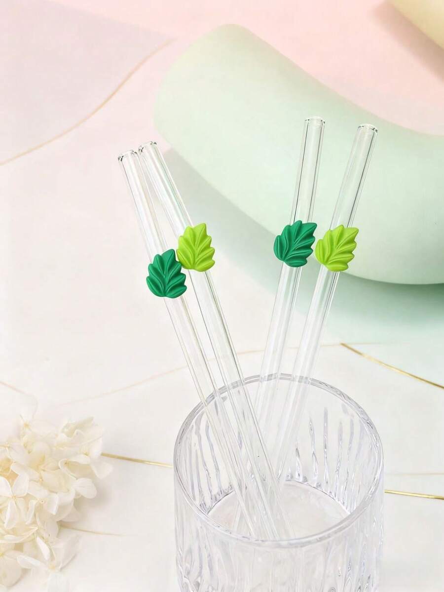 1/2 Ống hút thủy tinh màu xanh lá cây thanh lịch có họa tiết lá, ống hút tái sử dụng thời trang cho đồ uống đá/trà sữa/cà phê lạnh, tuyệt vời cho sử dụng tại nhà, văn phòng, tiệc tùng