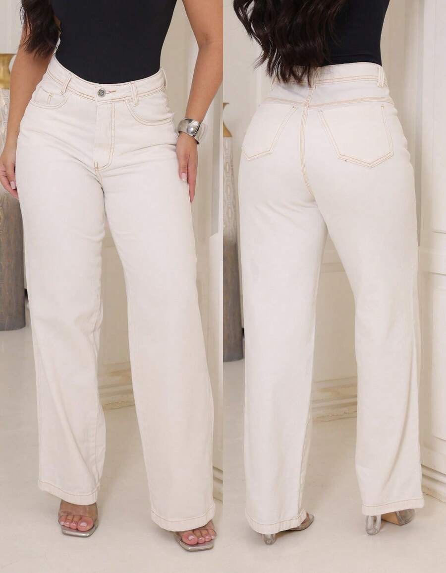 Women's Wide Leg Jeans, 100% Denim, Thick Fabric, Gaven Premium - 白色關閉 - 查看 1