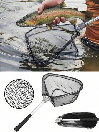 1pc Telescopic Handle Fishing Landing Net, Available In Multiple Freshwater Sizes For Men & Women, Extendable 40-63 Inches, Foldable, Durable Nylon Mesh, Suitable For Trout, Carp, And Saltwater Fishing