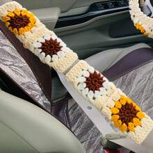 onEternal 1pc Handmade Crocheted Light Yellow Flower Steering Wheel Cover & 2pcs Seatbelt Covers Car Interior Decor Set