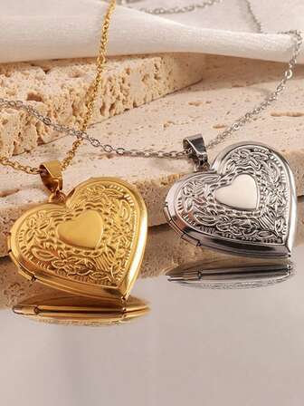 1pc Heart Shaped Necklace, Women's Pendant Necklace, Gold/Silver Heart Shaped Pendant With Photo Inside, Stainless Steel Memorial Necklace, Suitable For Family, Friends, Lovers, Mom, Dad, 20 Inches