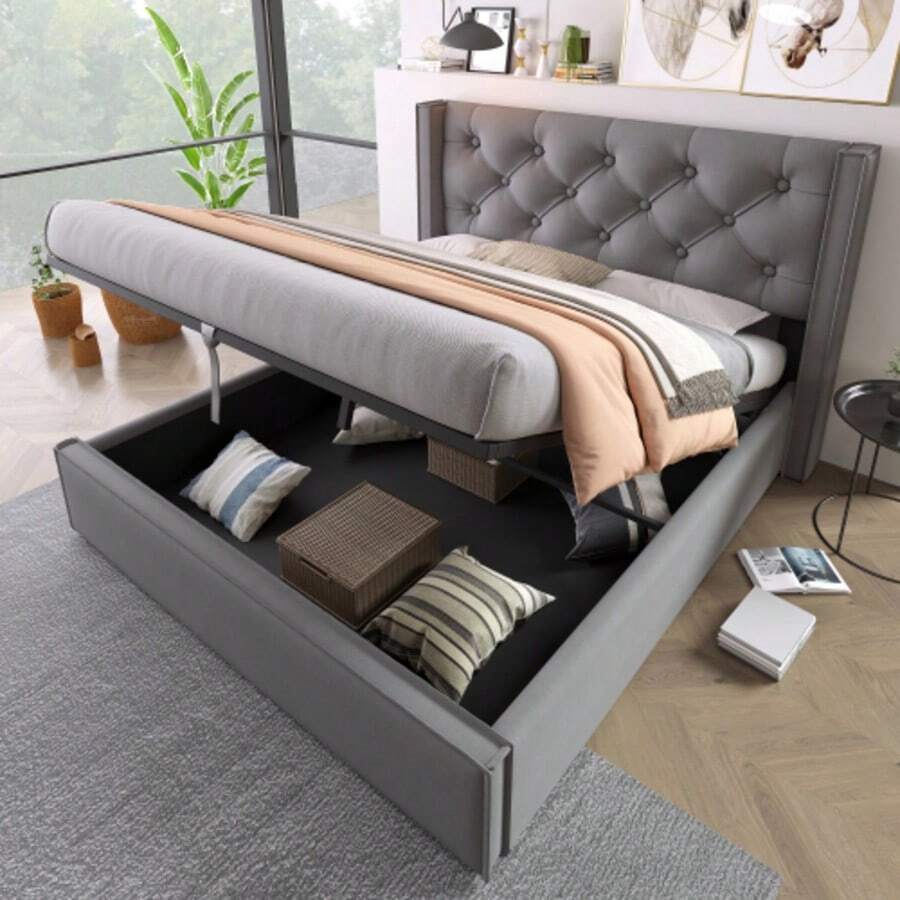 Hydraulic Double Upholstered Bed 140x200cm, Bed With Slatted Frame Made Of Metal Frame, Modern Bed Frame With Storage Space, Cotton, Grey - 深灰色 - 查看 1