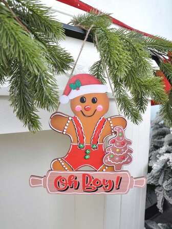 1PC Wooden Christmas Wooden Signs Hanging Gingerbread Man Christmas Party Front Door Wall Home Decoration Christmas Decorations Room Decor