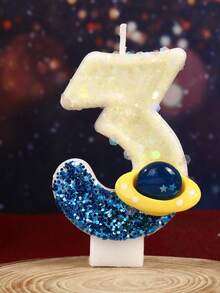1 件创意生日数字蜡烛蓝色太空星球宇宙元素数字宇宙飞船银河系生日蜡烛蛋糕装饰生日派对周年庆典，闪亮喜庆 - 彩色 - 查看 6