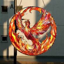 Atrapasol de Fénix Ardiente - Letrero redondo de acrílico con vibrantes plumas naranjas y rojas, decoración colgante de ventana con estilo de vidrio de colores, decoración del hogar cálida e invitadora para ocasiones festivas y del hogar, arte de pared vívido | Decoración de atrapasol, decoración navideña, decoración del Día de San Valentín, decoración dulce - Acrílico-redondo - Ver 2
