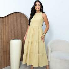 Women's Sleeveless Casual Party Premium Linen Midi Dress - 黃色 - 查看 4