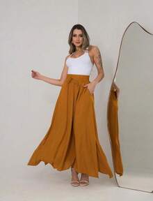 Women's Long Viscolinho Skirt With Pockets And Side Slit, Evangelical Fashion, Lined, Casual Fashion, High Waist - 亮橙色 - 查看 2