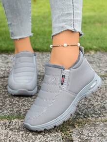 女式冬季休闲踝靴，纯色人造毛皮厚底，保暖内衬，圆头平底