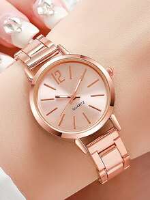 2PCS Rose Gold Alloy Strap Women's Watch Set Fashion Simple And Versatile Quartz Watch Bracelet Set For Daily Clothing Matching Or Holiday Gifts