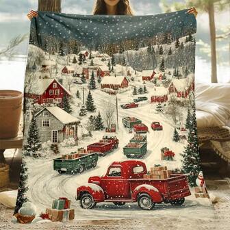 Soft To The Touch | Snow Village Scene Cozy Christmas Blanket - Soft, Lightweight Flannel Blanket With Vintage Red Truck And Gift Design, Perfect For Sofa, Bed, Travel - Durable Digital Printed Fleece, Ideal Holiday Gift For Family And Friends, Available In Various Sizes, Christmas Blanket