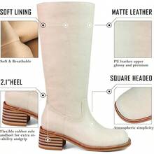 Women's Knee High Chunky Block Heel Square Toe Low Heel Boots, Style - Beige - View 2