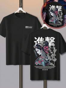 Anime Print Round Neck T-Shirt 100% Cotton Geisha - Black - View 3