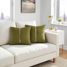 Navy Blue Velvet Throw Pillow Covers 18 X 18 Inch Pack Of 2 With Gold Leather Decor For Couch, Luxury Modern Pillowcases For Living Room, Bedroom Sofa Cushion Bed - 橄欖綠 - 查看 8