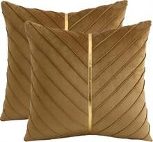 Navy Blue Velvet Throw Pillow Covers 18 X 18 Inch Pack Of 2 With Gold Leather Decor For Couch, Luxury Modern Pillowcases For Living Room, Bedroom Sofa Cushion Bed - 棕色 - 查看 13