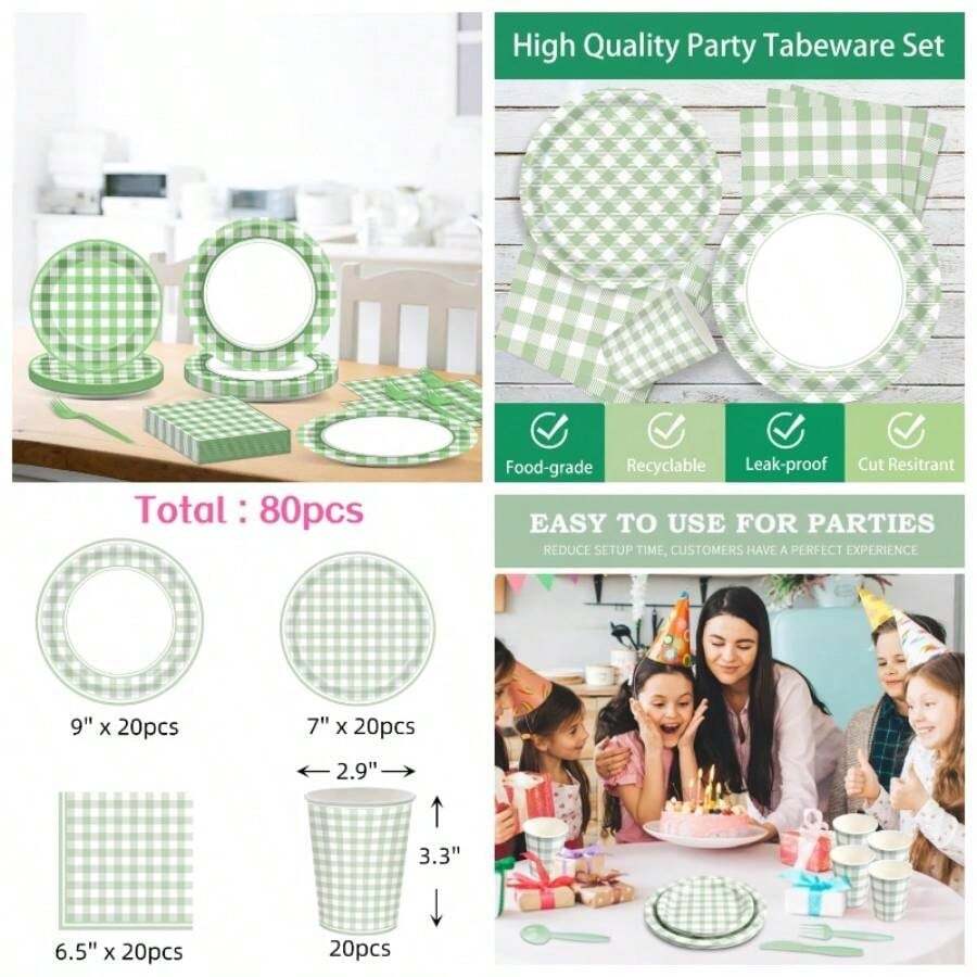Set Vajilla Elegante para Fiestas de Cumpleaos con Diseo de Cuadros Azul Claro y Blanco - 20 Platos 9 20 Platos 20 Vasos de Papel, 20 Servilletas Verde - verde - Ver 1