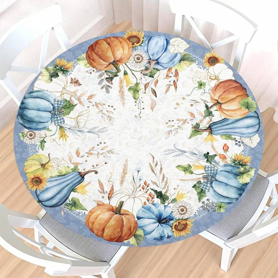 Water-Resistant Round Tablecloth With Elastic Edge For 40-44" Tables - Autumn-thanksgiving - View 1