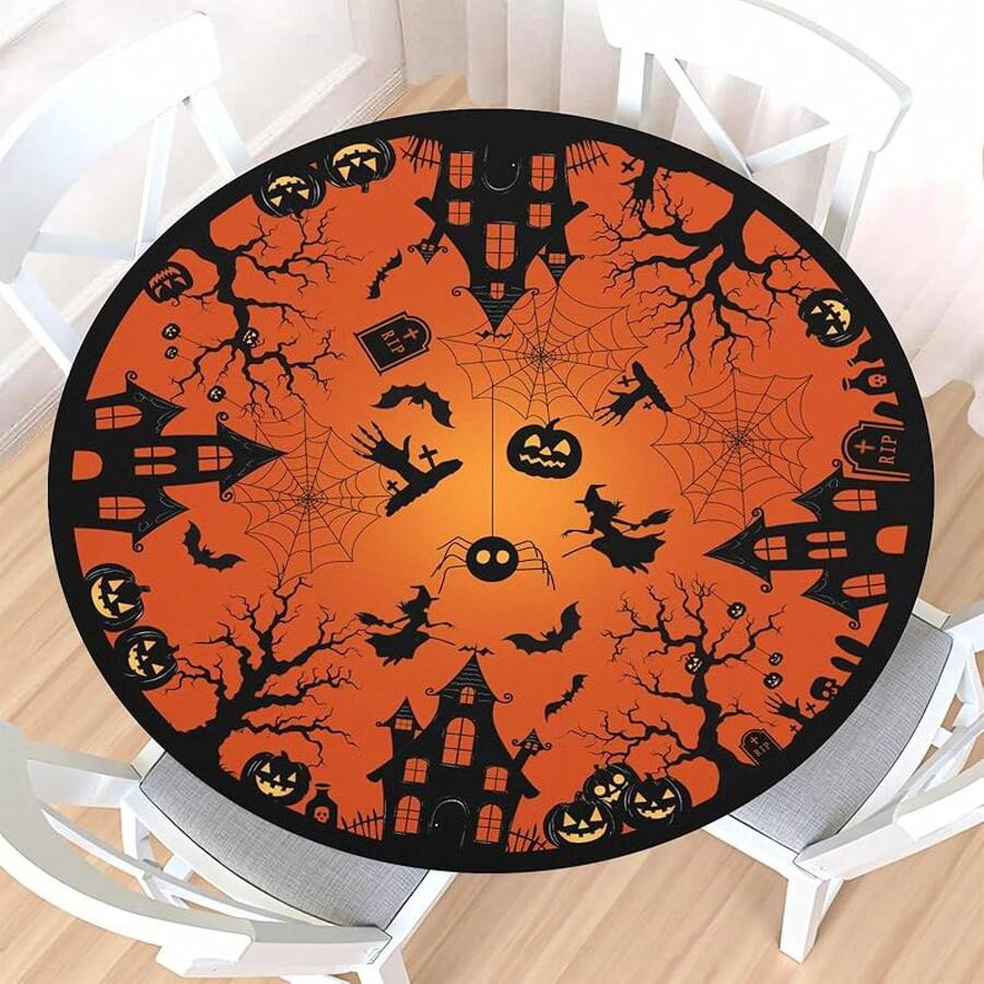Water-Resistant Round Tablecloth With Elastic Edge For 40-44" Tables - Spooky-spiderweb - View 1