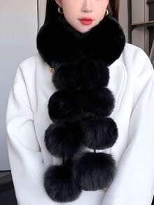 1pc Women Fluffy Scarf, Comfortable Thick Warm Neck Warmer, Versatile Pom Pom Scarf For Winter For Dress